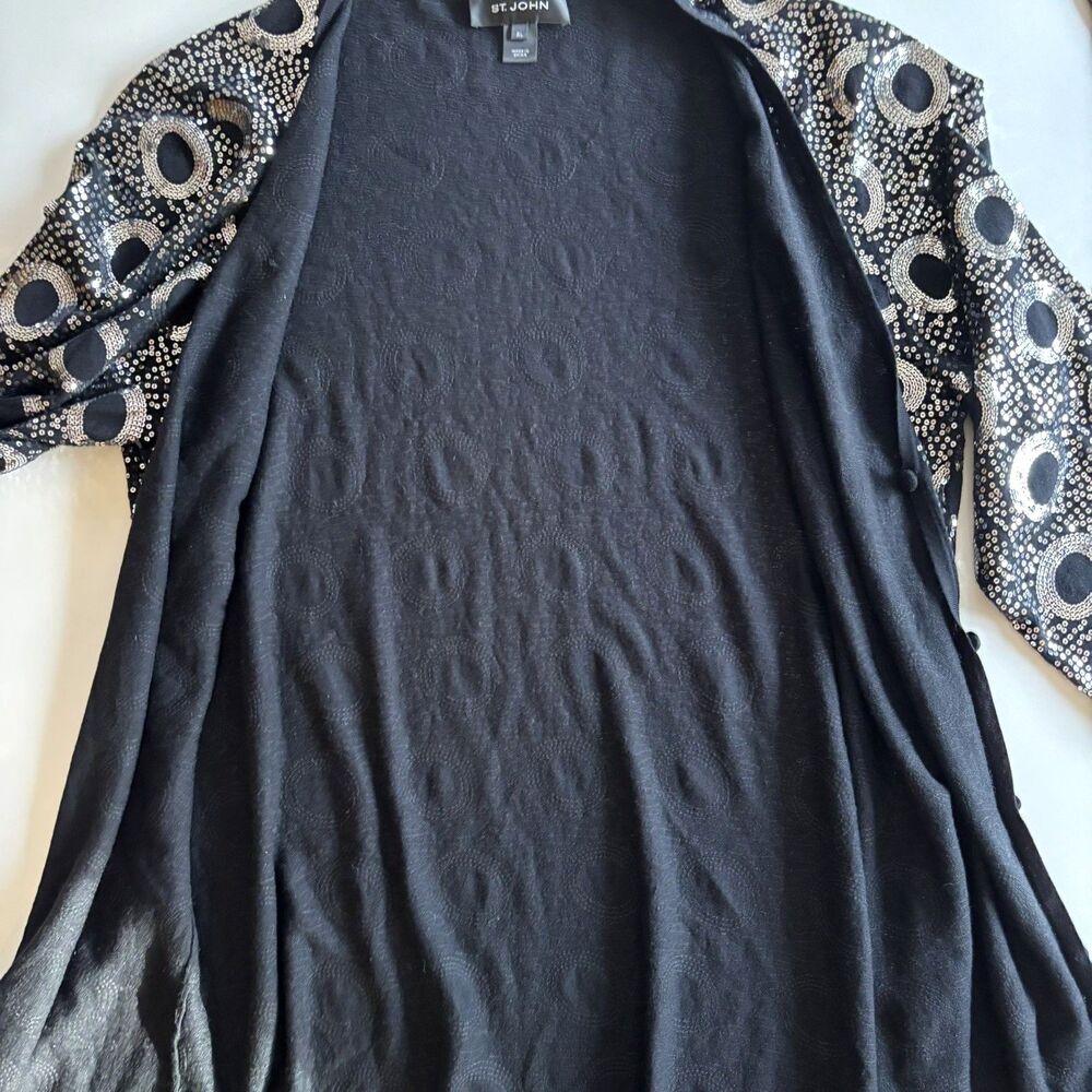 St. John Sequin Cardigan Black Silk Cashmere Merino Wool Sweater Glam XL $482 - Picture 5 of 12